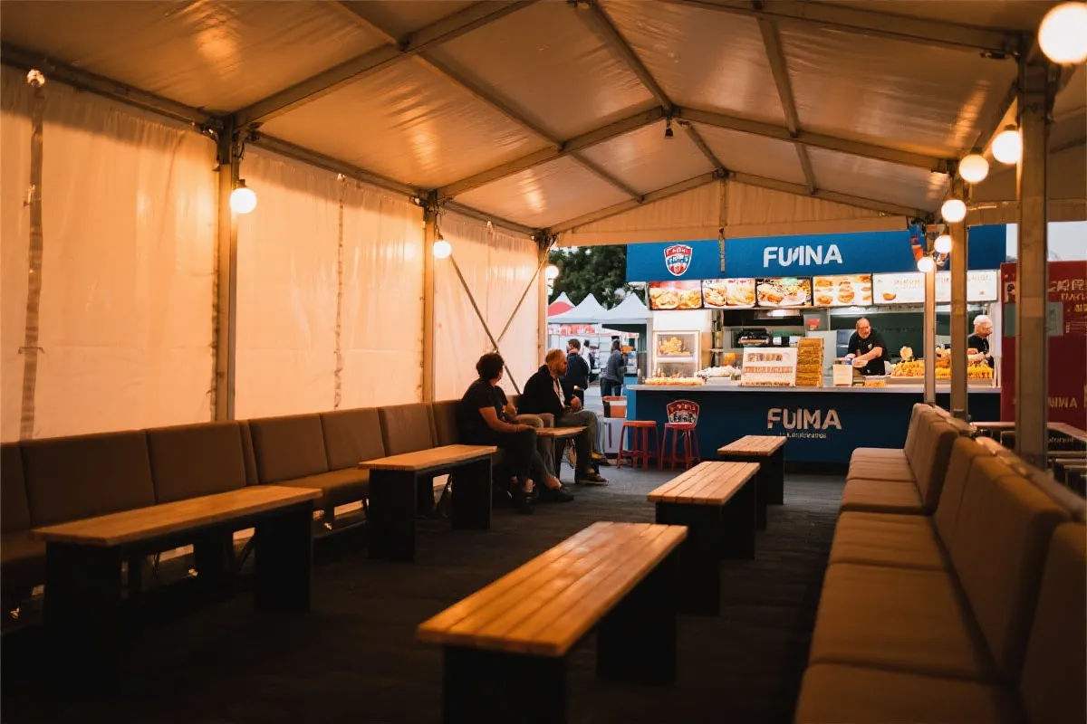 球迷区休息区与补给点的温暖氛围图