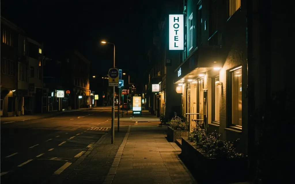 夜间从球场回到青旅的安全路线与灯光街景示意